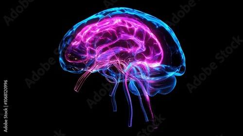 bioluminescent cranial anatomy render, neon pink brain tissue, electric blue body outline, intricate nerve pathways, professional medical illustration style, crystalline transparency