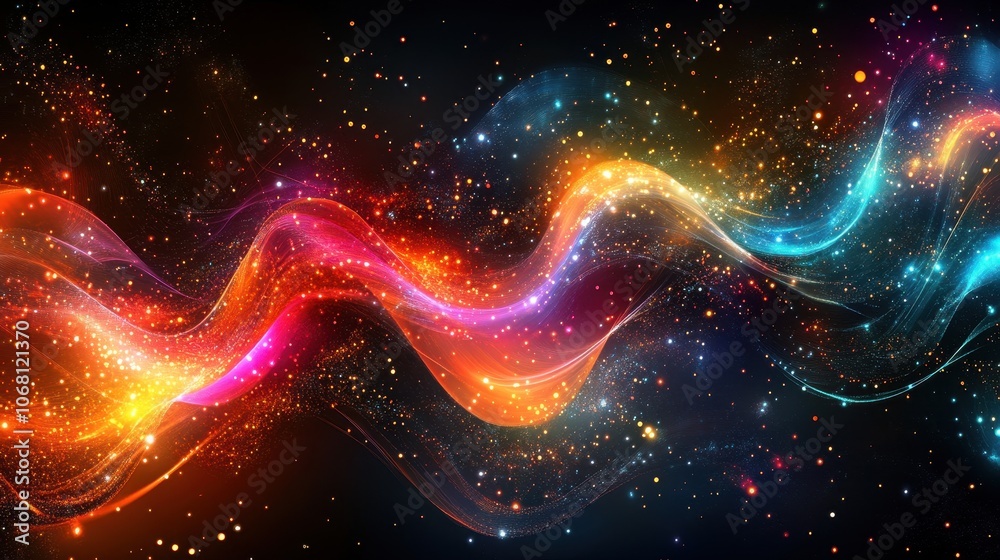 Obraz premium Vibrant Abstract Light Waves in Motion Against a Dark Background with Sparkling Particles and Dynamic Colors