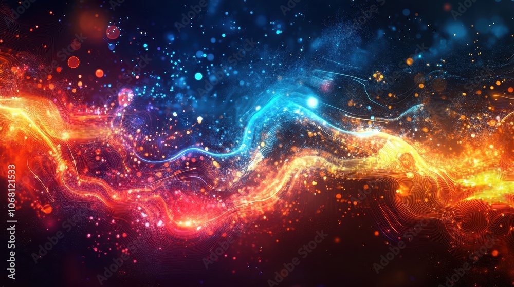 Fototapeta premium Vibrant Abstract Digital Art with Dynamic Waves of Light and Colorful Particles in a Cosmic Space Setting
