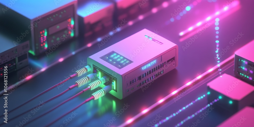 Fototapeta premium A 3D image shows a server in a data center connected to a modem and Wi-Fi router. The server is also linked to a database using an optical cable.