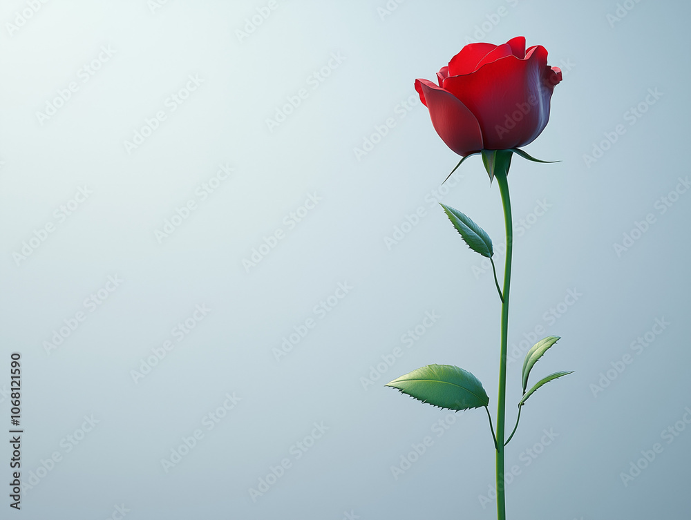 A single red rose, isolated on a white background, with a long green stem and a few leaves
A single red rose, isolated on a white background, with a long green stem and a few leaves