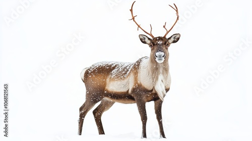 Reindeer in snow is isolated on white background for design as the oject of the new year and christmas team of santa claus leader of the pack leader deer photo