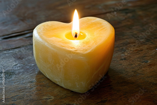 Heart-shaped candle burning softly in a dimly lit room photo