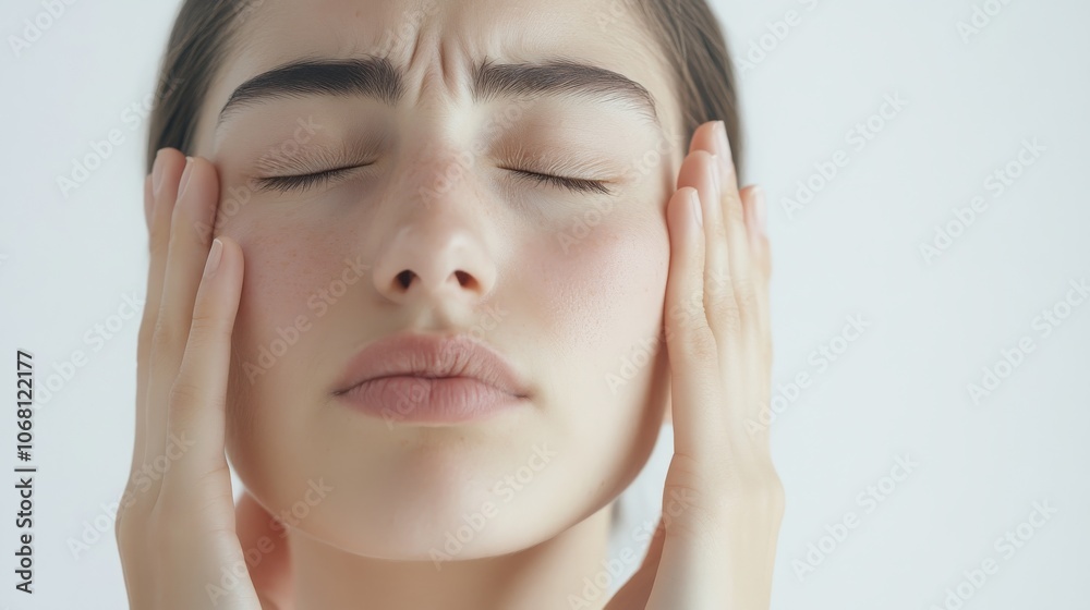 close-up portrait young woman pressing fingers against cheek, eyes closed in pain expression, natural skin texture, soft side lighting, white shirt, minimal medical photo style, high key lighting, close-up portrait young woman pressing fingers against cheek, eyes closed in pain expression, natural skin texture, soft side lighting, white shirt, minimal medical photo style, high key lighting,