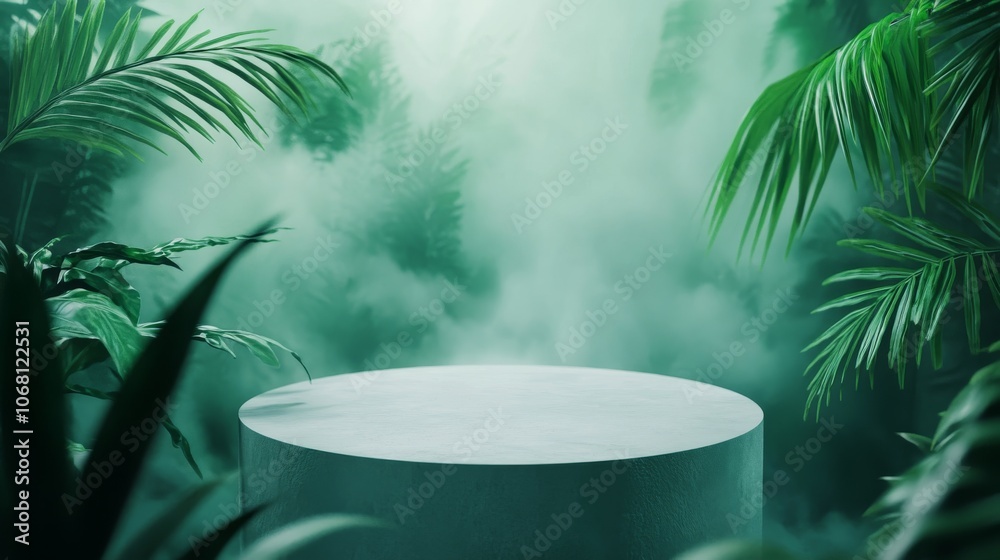 minimalist round pedestal, jungle botanical setting, emerald green leaves, ethereal forest haze, soft depth of field, luxury product stage composition minimalist round pedestal, jungle botanical setting, emerald green leaves, ethereal forest haze, soft depth of field, luxury product stage composition