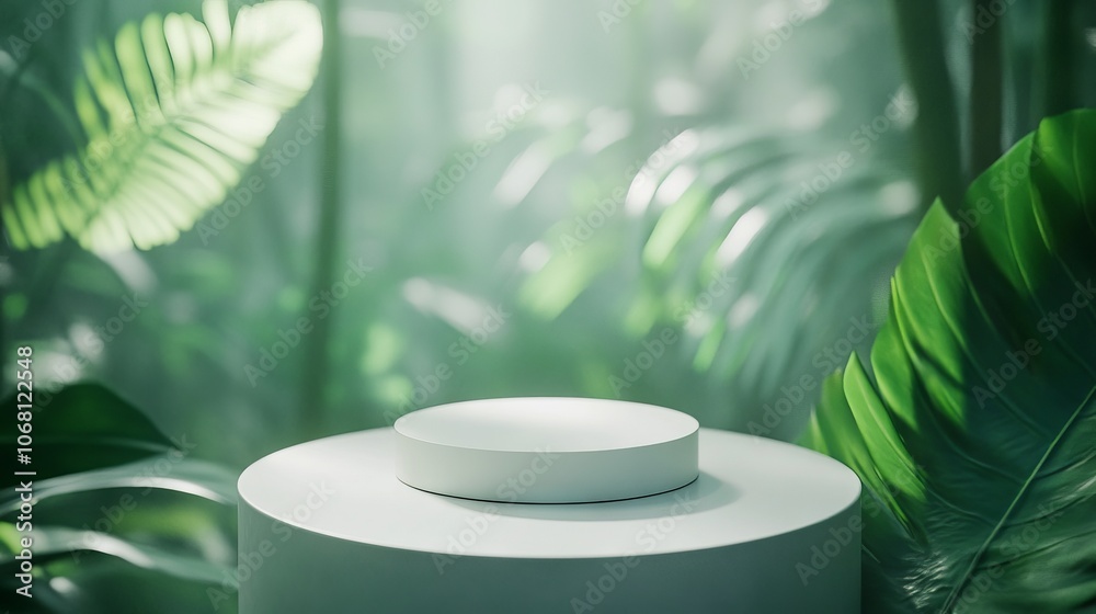 minimalist round pedestal, jungle botanical setting, emerald green leaves, ethereal forest haze, soft depth of field, luxury product stage composition