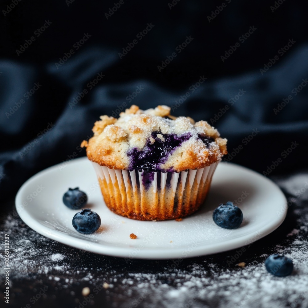A delicious and moist blueberry muffin with a crumbly top, served on a white plate, Muffin centered with a light dusting of sugar A delicious and moist blueberry muffin with a crumbly top, served on a white plate, Muffin centered with a light dusting of sugar