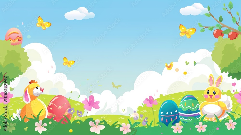 Easter border background offers a charming and festive look. A delightful display of springtime celebration Easter border background offers a charming and festive look. A delightful display of springtime celebration
