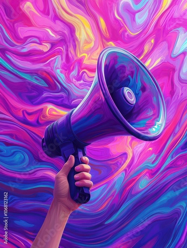 Hand hold megaphone scream on colored background photo