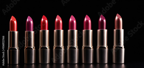 lipsticks in various shades of pink, purple, and red are lined up on a white background.