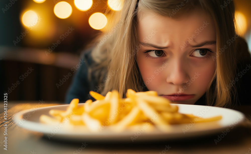 A young girl looks bored and reluctant at a plate of food in a cozy kitchen setting. A young girl looks bored and reluctant at a plate of food in a cozy kitchen setting.