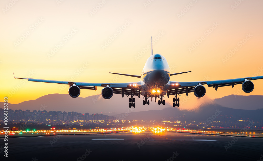 A commercial airplane lands on a runway at sunset, with mountains and illuminated city lights in the background. A commercial airplane lands on a runway at sunset, with mountains and illuminated city lights in the background.
