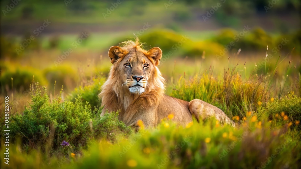 Young Male Lion Resting in Tall Grass: A Tilt-Shift Perspective of a Starving Lion in a Serene Field Environment Capturing Wildlife's Struggles and Beauty in Nature Young Male Lion Resting in Tall Grass: A Tilt-Shift Perspective of a Starving Lion in a Serene Field Environment Capturing Wildlife's Struggles and Beauty in Nature