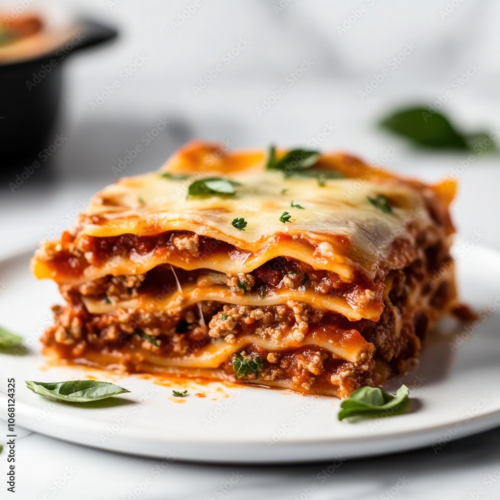 A delicious homemade lasagna with layers of pasta, rich meat sauce, and melted cheese A delicious homemade lasagna with layers of pasta, rich meat sauce, and melted cheese