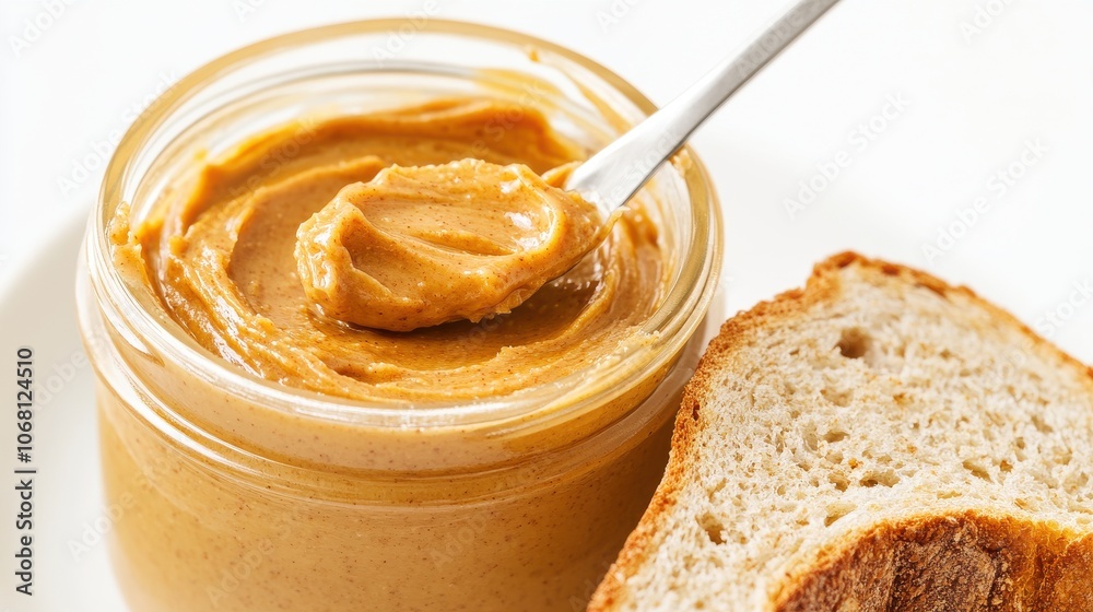 Peanut butter in a glass jar with a spoon alongside fresh bread slices, symbolizing a delightful and nutritious snack. Peanut butter in a glass jar with a spoon alongside fresh bread slices, symbolizing a delightful and nutritious snack.