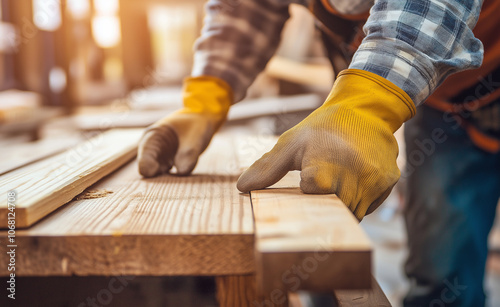 Carpenter in gloves aligning wooden boards on a workbench, focusing on precision and craftsmanship.
 photo