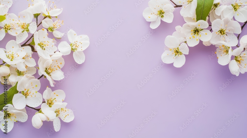 Obraz premium White flowers on a purple background spring flowers background top view banner with copy space