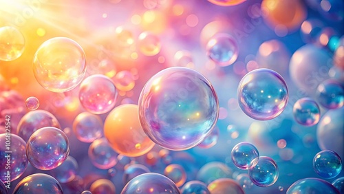 A multitude of iridescent spheres float amidst a dreamy, pastel-hued background, each reflecting a spectrum of light, capturing a moment of ephemeral wonder.