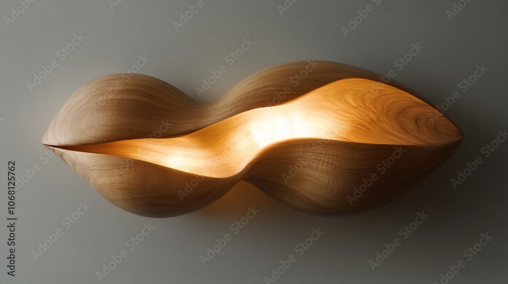 A contemporary wooden wall lamp with a flowing, organic shape, illuminated from within. The lamp casts a warm glow, creating a soft and inviting ambiance. A contemporary wooden wall lamp with a flowing, organic shape, illuminated from within. The lamp casts a warm glow, creating a soft and inviting ambiance.
