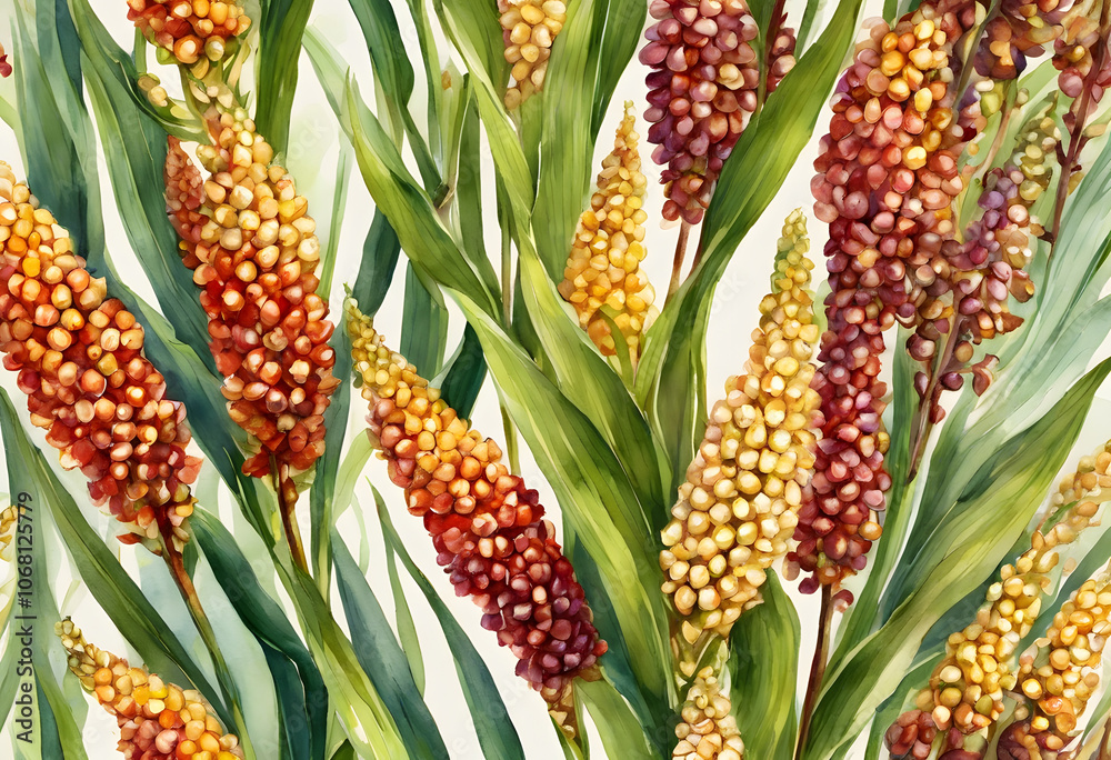 Obraz premium Watercolor painting of sorghum plant, showcasing its vibrant colors and intricate details, suitable for seed packaging or agricultural designs.