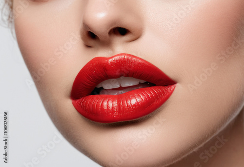 Close-up of a woman's face with bold red lipstick.