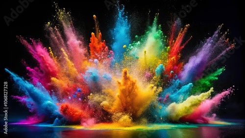 An abstract explosion of vibrant color powder against a dark backdrop, capturing the essence of energy, movement, and artistry.