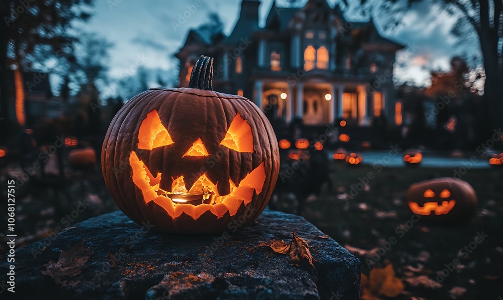 Halloween night with a glowy carving pumpkin in front of a haunted house Halloween night with a glowy carving pumpkin in front of a haunted house