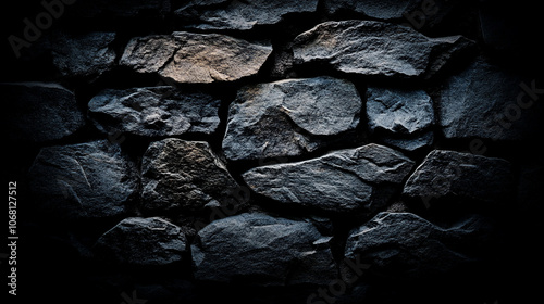 dark, textured black rock surface with dramatic lighting highlights. The rugged texture and deep shadows convey resilience, strength, and a mysterious natural beauty