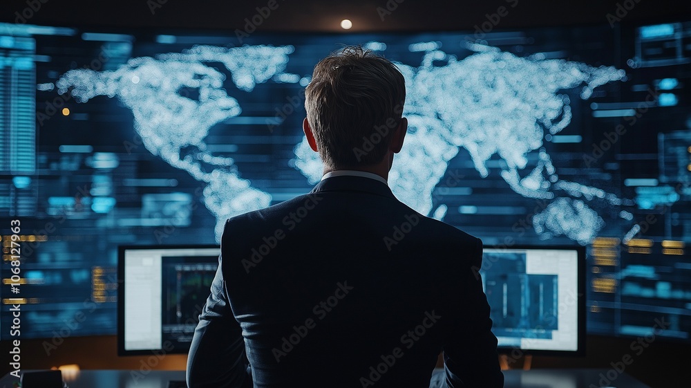 Technology and innovation are represented by a businessman looking at digital data on screens. Technology and innovation are represented by a businessman looking at digital data on screens.