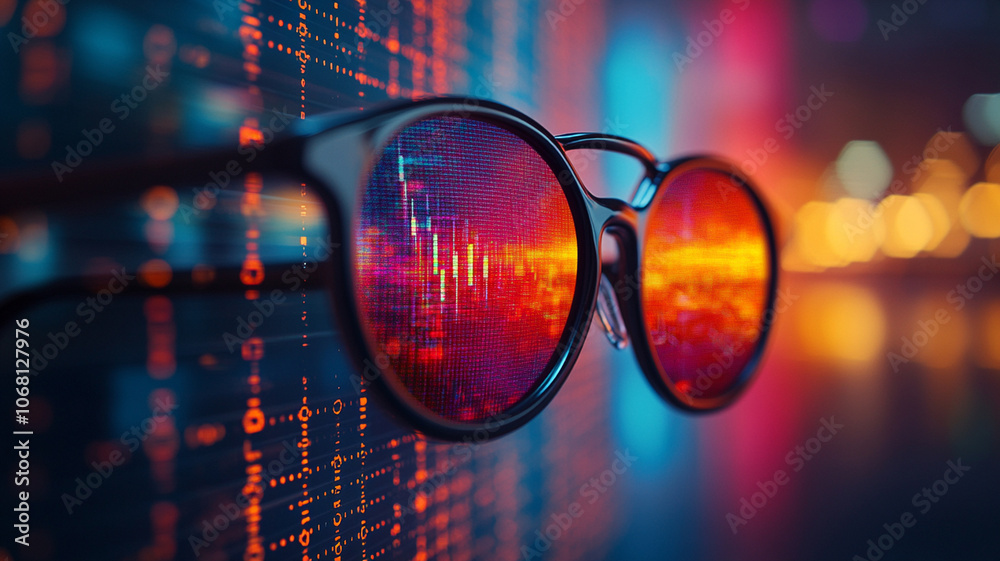 Stylish sunglasses reflecting vibrant digital data patterns, showcasing technology and modern aesthetics. colorful display creates captivating visual effect Stylish sunglasses reflecting vibrant digital data patterns, showcasing technology and modern aesthetics. colorful display creates captivating visual effect
