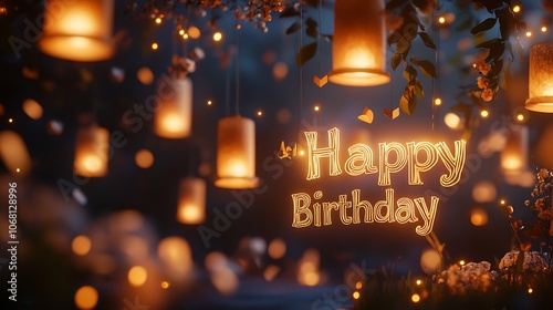 A whimsical scene with "Happy Birthday" paper cutout letters and a backdrop of floating lanterns casting golden light, soft shadows, detailed paper and glowing textures, hd quality. --ar 16:9