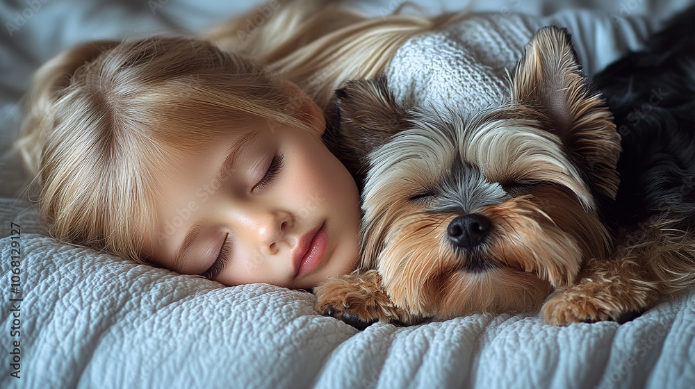 A little girl with blonde hair is sleeping on the bed, cuddling her Yorkshire Terrier dog next to her A little girl with blonde hair is sleeping on the bed, cuddling her Yorkshire Terrier dog next to her