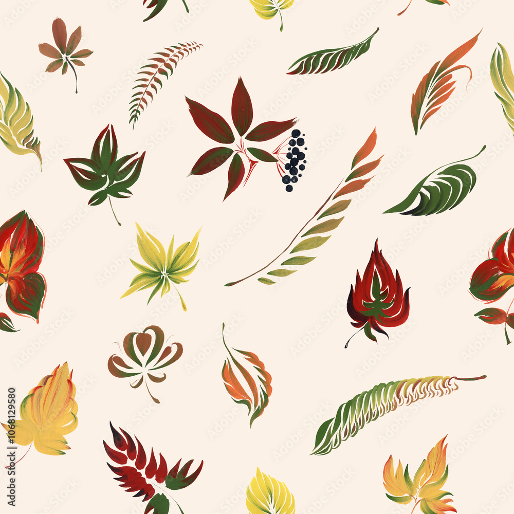 Obraz premium Hand drawn gouache painting. Falling autumn leaves on a beige background, seamless pattern 