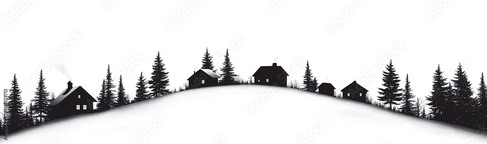 Silhouette houses and trees on the hill, winter landscape on white Silhouette houses and trees on the hill, winter landscape on white