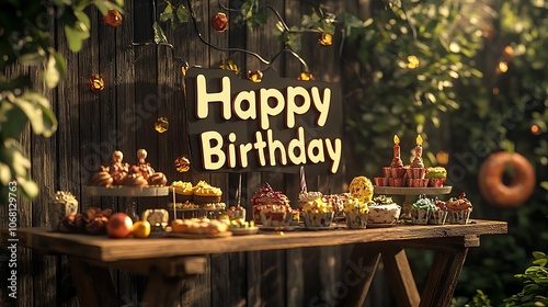 Black-edged "Happy Birthday" paper cutout letters placed on a picnic table laden with treats, surrounded by playful ribbons and party decor, sunny day with gentle shadows, detailed textures.