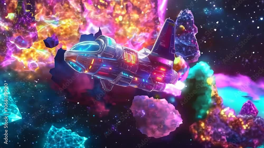 A vibrant spaceship navigates through a colorful cosmic landscape filled with glowing rocks.