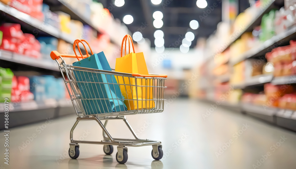 Shopping Cart with Bags in Supermarket Aisle Shopping Cart with Bags in Supermarket Aisle