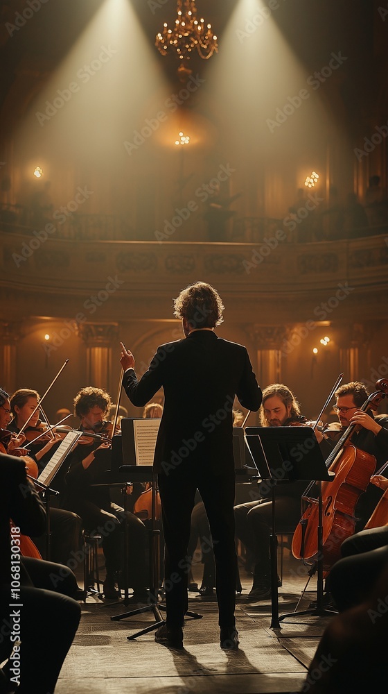 Fototapeta premium Cinematic Close-Up of a Conductor Leading a Symphony Orchestra While Musicians Play on Stage
