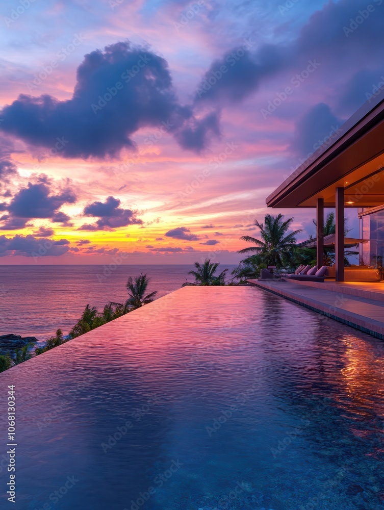 Modern house with a swimming pool, modern pool villa at the beach, luxury villa with. tropical ocean at sunset