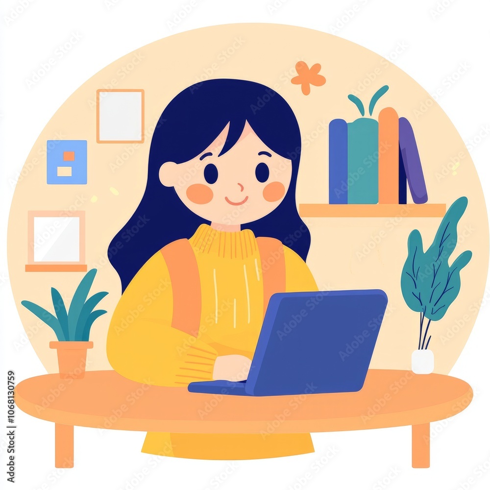 A person working on a laptop at a cozy desk with plants and books. A person working on a laptop at a cozy desk with plants and books.