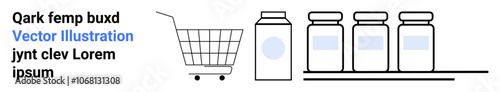 Minimalist shopping cart and supplement bottles alongside placeholder text. Ideal for online shopping, retail promotion, health products, e-commerce, marketing campaigns, consumer goods, branding