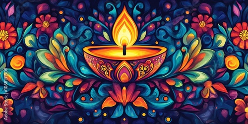 A colorful banner design perfect for Diwali, the Festival of Lights. It features a decorative diya lamp. photo