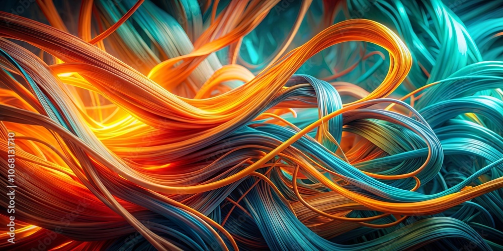 A vibrant, abstract composition of intertwined strands in shades of orange and blue, forming intricate, dynamic patterns, evocative of a complex, interwoven system.