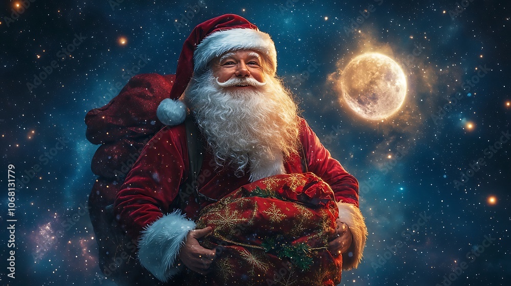 Santa Carrying a Sack of Presents Across a Starry Sky, With a Bright Moon and Ample Dark Space Around for Christmas Wishes, Family Holiday Cards, or Marketing Copy Santa Carrying a Sack of Presents Across a Starry Sky, With a Bright Moon and Ample Dark Space Around for Christmas Wishes, Family Holiday Cards, or Marketing Copy
