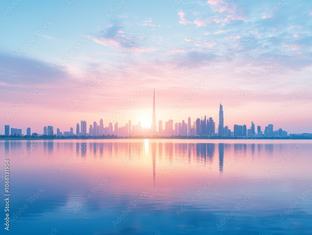 A serene sunrise over a city skyline reflected in calm waters. A serene sunrise over a city skyline reflected in calm waters.
