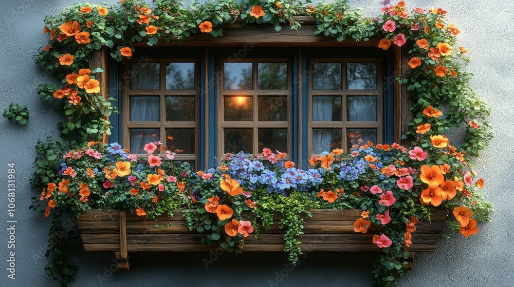 A cozy corner window with flower boxes and blooming flowers, shown on a white background. A cozy corner window with flower boxes and blooming flowers, shown on a white background.