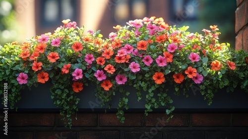 A cozy urban balcony adorned with hanging baskets of petunias and ivy, shown in vibrant 4K.