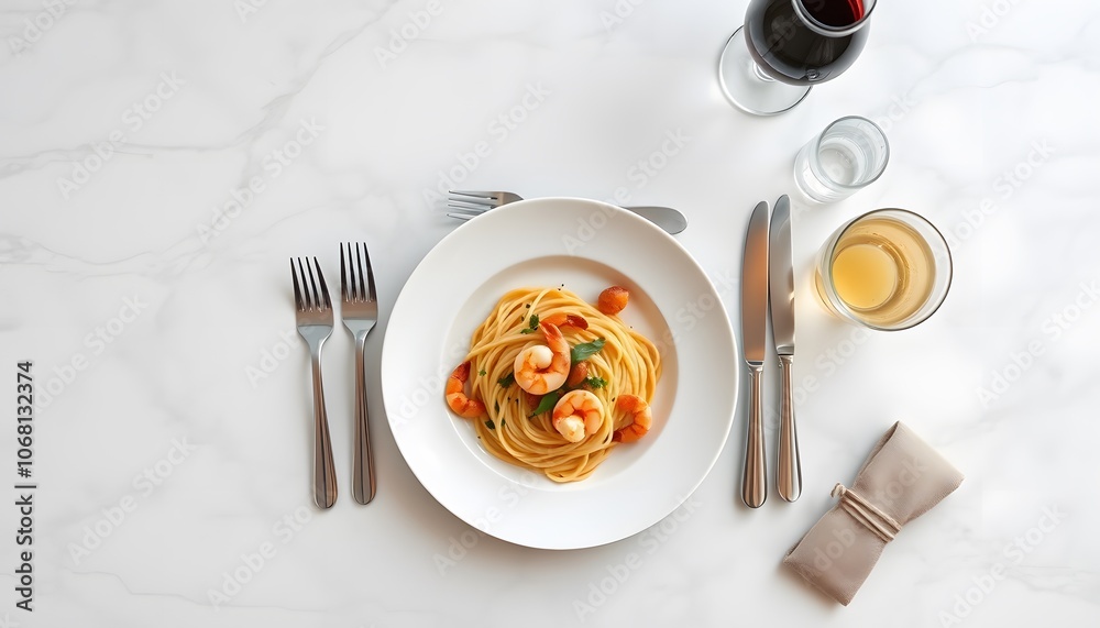 A plate of shrimp pasta with drinks on a marble table setting. A plate of shrimp pasta with drinks on a marble table setting.