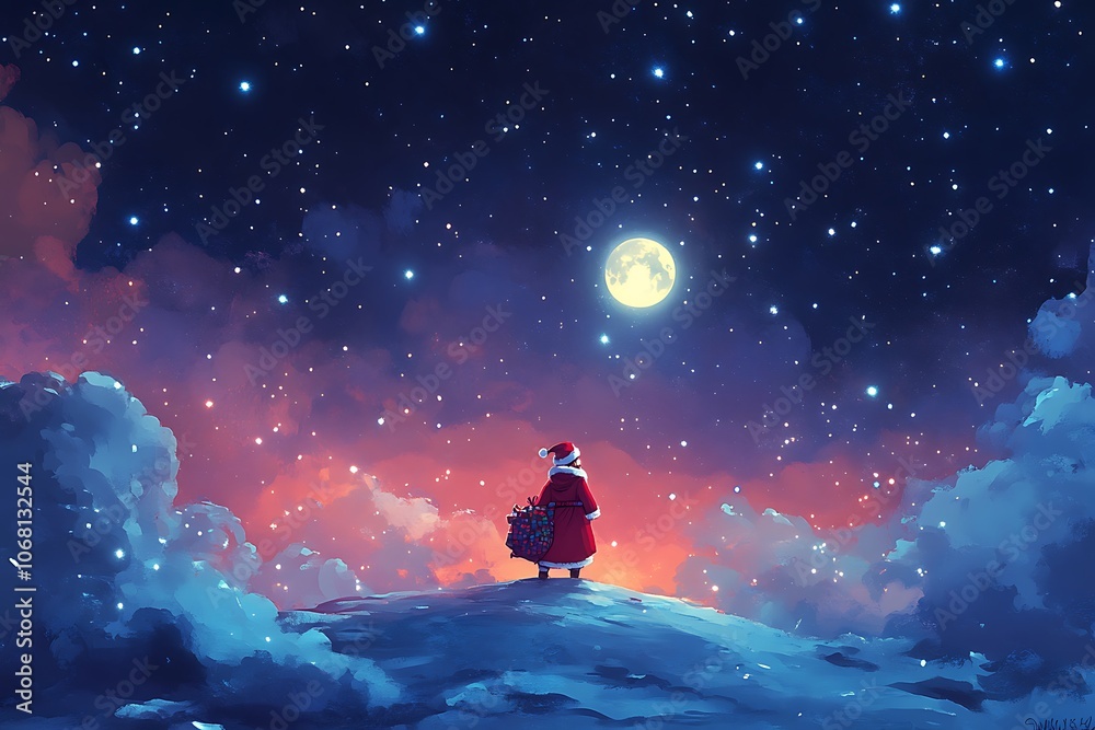 Santa Carrying a Sack of Presents Across a Starry Sky, With a Bright Moon and Ample Dark Space Around for Christmas Wishes, Family Holiday Cards, or Marketing Copy Santa Carrying a Sack of Presents Across a Starry Sky, With a Bright Moon and Ample Dark Space Around for Christmas Wishes, Family Holiday Cards, or Marketing Copy