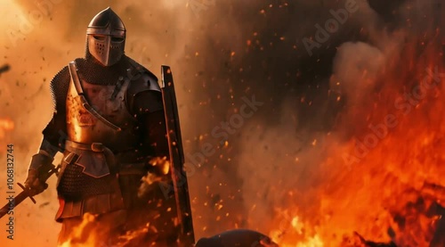Templar knights scene in fiery action, Slow motion camera with different angles